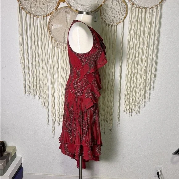 Keepsake The Label Red Floral Asymmetrical Pleat Ruffle Detail Midi Length S - Picture 5 of 9